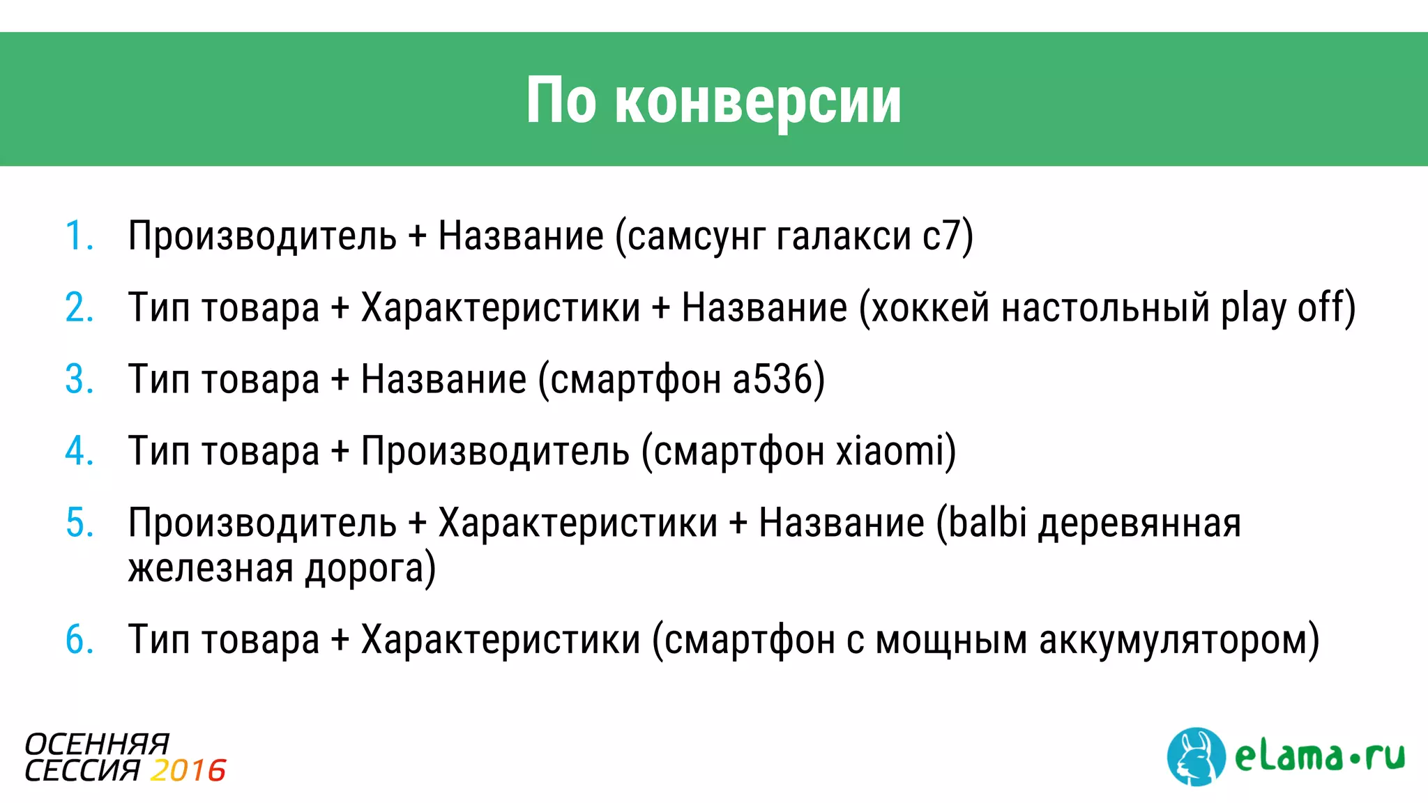 По конверсии
1. Производитель + Название (самсунг галакси с7)
2. Тип товара + Характеристики + Название (хоккей настольный play off)
3. Тип товара + Название (смартфон а536)
4. Тип товара + Производитель (смартфон xiaomi)
5. Производитель + Характеристики + Название (balbi деревянная
железная дорога)
6. Тип товара + Характеристики (смартфон с мощным аккумулятором)
 