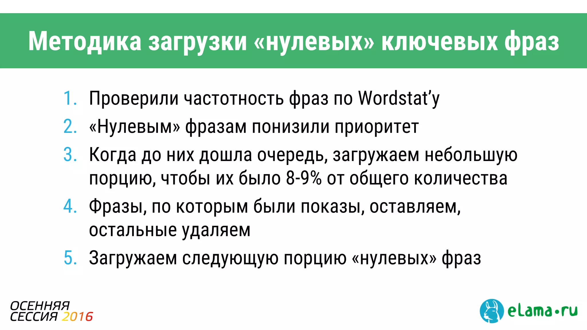 Методика загрузки «нулевых» ключевых фраз
1. Проверили частотность фраз по Wordstat’у
2. «Нулевым» фразам понизили приоритет
3. Когда до них дошла очередь, загружаем небольшую
порцию, чтобы их было 8-9% от общего количества
4. Фразы, по которым были показы, оставляем,
остальные удаляем
5. Загружаем следующую порцию «нулевых» фраз
 