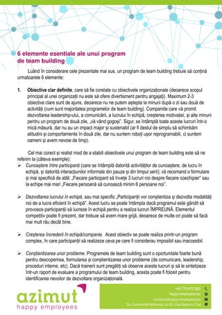 Luând în considerare cele prezentate mai sus, un program de team building trebuie s ăconțin ă
urmatoarele 6 elemente:
1. Obiective clar definite, care s ăfie corelate cu obiectivele organizaționaleă(deoarece scopul
principal al unei organizațiiănu este s ăofere divertisment pentru angajați). Maximum 2-3
obiective clare sunt de ajuns, deoarece nu ne putem așteptaăla minuni dup ăo zi sau dou ăde
activit țiă(cum sunt majoritatea programelor de team building). Companiile care v ăpromit
dezvoltarea leadership-ului, a comunic rii, a lucrului înăechip ,ăcreștereaămotivației, șiăalte minuni
pentru un program de dou ăzile,ă„v ăvândăgogoși”.ăSigur,ăseăîntâmpl ătoate aceste lucruri într-o
mic ăm sur ,ădar nu au un impact major șiăsustenabil (ar fi destul de simplu s ăschimb mă
atitudini șiăcomportamente înădou ăzile, dar nu suntem roboțiăușorăreprogramabili, ci suntem
oameni șiăavem nevoie de timp).
Celămaiăcorectăși realist mod de a stabili obiectivele unui program de team building este s ăne
referim la (câteva exemple):
 Cunoaștere între participanți (care se întâmpl ădatorit ăactivit țilorăde cunoaștere, de lucru în
echip ,ășiădatorit ăinteracțiunilorăinformale din pauze șiădin timpul serii); v ărecomand o formulare
șiămai specific ăde atât:ă„Fiecareăparticipantăs ăînvețeă3ălucruriănoiădespreăfiecareăcoechipier”ăsauă
laăechipeămaiămariă„Fiecareăpersoan ăs ăcunoasc ăminim 6 persoane noi”.
 Dezvoltarea lucrului în echipă, sauămaiăspecifică„Participanțiiăvor conștientizaăși dezvolta modalit țiă
noi de a lucra eficient înăechip ”. Acest lucru se poate întâmplaădac ăprogramul este gândităs ă
provoace participanțiiăs ălucreze înăechip ăpentru a realiza lucruri ÎMPREUN .ăElementul
competitiv poate fi prezent, dar trebuie s ăavem mare grij ,ădeoarece de multe ori poate s ăfac ă
mai mult r uădecâtăbine.
 Creșterea încrederii în echipă/companie. Acest obiectiv se poate realiza printr-un program
complex, în care participanțiiăs ărealizezeăceva pe care îl considerau imposibil sau inaccesibil.
 Conștientizarea unor probleme. Programele de team building sunt o oportunitate foarte bun ă
pentru descoperirea, formularea șiăconștientizareaăunor probleme (de comunicare, leadership,
proceduri interne, etc). Dac ătrainerii sunt preg tițiăs ăobserve aceste lucruri șiăs ăle sintetizeze
într-un raport de evaluare a programului de team building, acesta poate fi folosit pentru
identificarea nevoilor de dezvoltare organizațional .
Title of the
book
6 elemente esentiale ale unui program
de team building
 