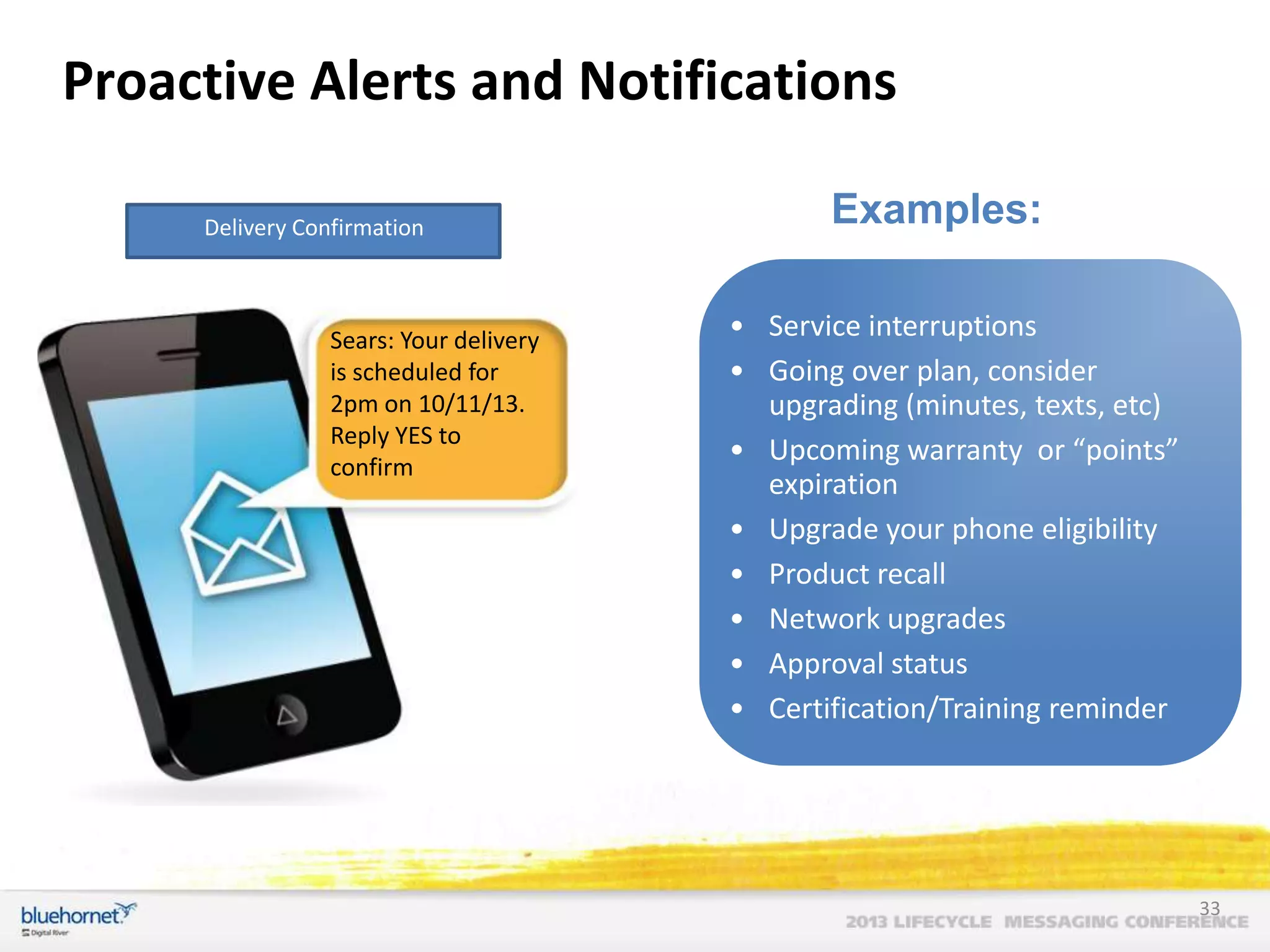 Proactive Alerts and Notifications
Delivery Confirmation

Sears: Your delivery
is scheduled for
2pm on 10/11/13.
Reply YES to
confirm

Examples:
• Service interruptions
• Going over plan, consider
upgrading (minutes, texts, etc)
• Upcoming warranty or “points”
expiration
• Upgrade your phone eligibility
• Product recall
• Network upgrades
• Approval status
• Certification/Training reminder

33

 