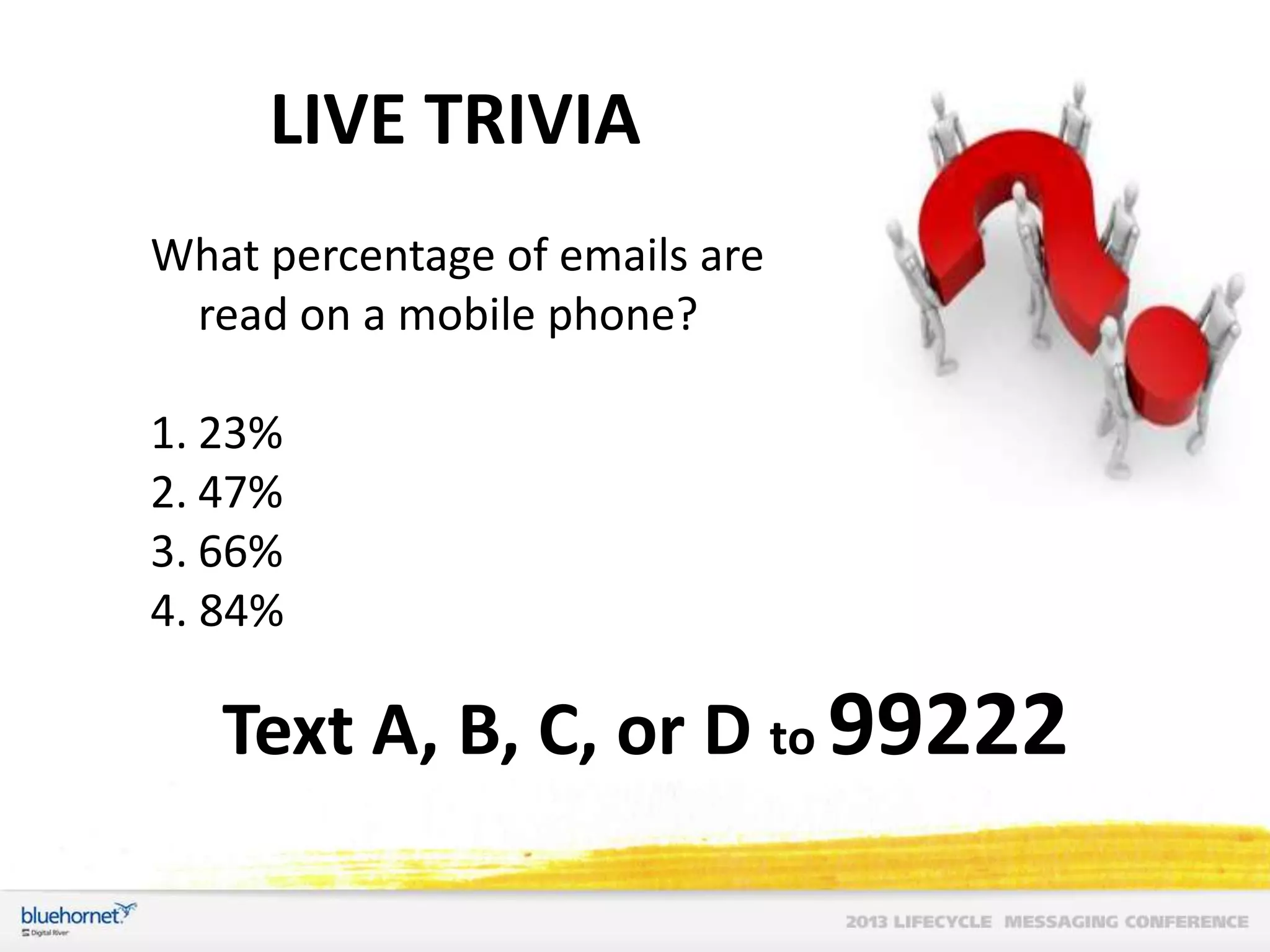 LIVE TRIVIA
What percentage of emails are
read on a mobile phone?
1. 23%
2. 47%
3. 66%
4. 84%

Text A, B, C, or D to 99222

 