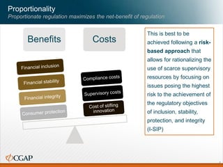 Proportionality
Proportionate regulation maximizes the net-benefit of regulation
Benefits Costs
This is best to be
achieved following a risk-
based approach that
allows for rationalizing the
use of scarce supervisory
resources by focusing on
issues posing the highest
risk to the achievement of
the regulatory objectives
of inclusion, stability,
protection, and integrity
(I-SIP)
4
 