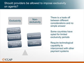 Exclusivity
Non-
exclusivity
Should providers be allowed to impose exclusivity
on agents?
There is a trade off
between different
considerations and no
simple answer
Some countries have
opted for limited
exclusivity periods
Require technological
capability to
interconnect with other
payment systems
 