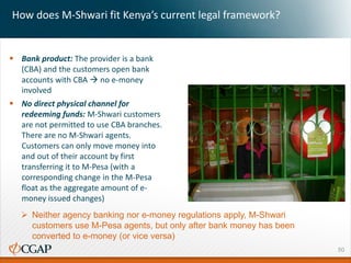 How does M-Shwari fit Kenya’s current legal framework?
 Bank product: The provider is a bank
(CBA) and the customers open bank
accounts with CBA  no e-money
involved
 No direct physical channel for
redeeming funds: M-Shwari customers
are not permitted to use CBA branches.
There are no M-Shwari agents.
Customers can only move money into
and out of their account by first
transferring it to M-Pesa (with a
corresponding change in the M-Pesa
float as the aggregate amount of e-
money issued changes)
50
 Neither agency banking nor e-money regulations apply, M-Shwari
customers use M-Pesa agents, but only after bank money has been
converted to e-money (or vice versa)
 