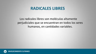 Los radicales libres son moléculas altamente
perjudiciales que se encuentran en todos los seres
humanos, en cantidades variables.
ENVEJECIMIENTO CUTANEO
RADICALES LIBRES
 