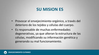 SU MISION ES
• Provocar el envejecimiento orgánico, a través del
deterioro de los tejidos y células del cuerpo.
• Es responsable de muchas enfermedades
degenerativas, ya que alteran la estructura de las
células, modificando su información genética y
generando su mal funcionamiento.
ENVEJECIMIENTO CUTANEO
 