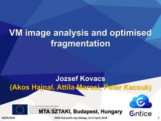 18/04/2018 EOSC-hub public day, Malaga, 16-17 April, 2018 1
VM image analysis and optimised
fragmentation
Jozsef Kovacs
(Akos Hajnal, Attila Marosi, Peter Kacsuk)
MTA SZTAKI, Budapest, Hungary
 