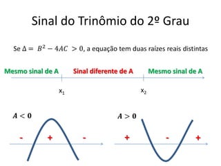 Sinal do Trinômio do 2º Grau
x1 x2
Mesmo sinal de A Mesmo sinal de ASinal diferente de A
- - - +++
 