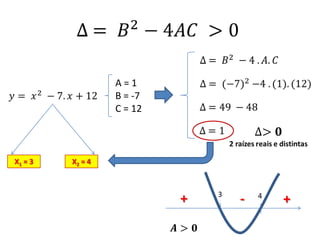 A = 1
B = -7
C = 12
X1 = 3 X2 = 4
- ++ 3 4
 