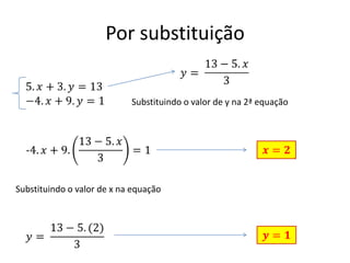 Por substituição
Substituindo o valor de y na 2ª equação
Substituindo o valor de x na equação
 
