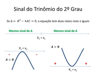 Sinal do Trinômio do 2º Grau
X1 = x2
Mesmo sinal de A Mesmo sinal de A
- -
++
X1 = x2
X1 = x2
 