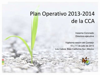 Plan Operativo 2013-2014
de la CCA
Irasema Coronado
Directora ejecutiva
Vigésima sesión del Consejo
10 y 11 de julio de 2013
Los Cabos, Baja California Sur, México
 
