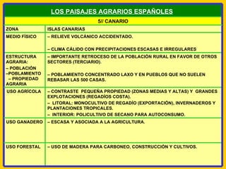 –  ESCASA Y ASOCIADA A LA AGRICULTURA.  USO GANADERO –  USO DE MADERA PARA CARBONEO,  CONSTRUCCIÓN Y CULTIVOS.  USO FORESTAL –  CONTRASTE  PEQUEÑA PROPIEDAD (ZONAS MEDIAS Y ALTAS) Y  GRANDES EXPLOTACIONES (REGADÍOS COSTA). –  LITORAL: MONOCULTIVO DE REGADÍO (EXPORTACIÓN), INVERNADEROS Y PLANTACIONES TROPICALES. –  INTERIOR: POLICULTIVO DE SECANO PARA AUTOCONSUMO.  USO AGRÍCOL A   –  IMPORTANTE RETROCESO DE LA POBLACIÓN RURAL EN FAVOR DE OTROS SECTORES (TERCIARIO).   –  POBLAMIENTO CONCENTRADO LAXO Y EN PUEBLOS QUE NO SUELEN REBASAR LAS 500 CASAS. ESTRUCTURA AGRARIA:  –  POBLACIÓN  –POBLAMIENTO  – PROPIEDAD AGRARIA –  RELIEVE VOLCÁNICO ACCIDENTADO.   –  CLIMA CÁLIDO CON PRECIPITACIONES  ESCASAS E IRREGULARES  MEDIO FÍSICO ISLAS CANARIAS  ZONA 5// CANARIO LOS PAISAJES AGRARIOS ESPAÑOLES   