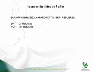 vacunación niños de 5 años


SARAMPION+RUBEOLA+PAROTIDITIS (SRP) REFUERZO

DPT - 2° Refuerzo
VOP - 2° Refuerzo
 