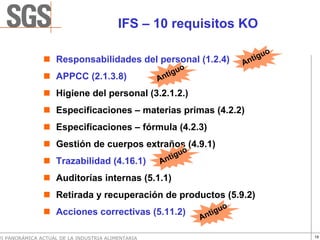 IFS – 10 requisitos KO

                                                                                o
                    Responsabilidades del personal (1.2.4)                 tig u
                                                                         An
                                                         uo
                    APPCC (2.1.3.8)                  tig
                                                   An
                    Higiene del personal (3.2.1.2.)
                    Especificaciones – materias primas (4.2.2)
                    Especificaciones – fórmula (4.2.3)
                    Gestión de cuerpos extraños (4.9.1)
                                                         uo
                                                     tig
                    Trazabilidad (4.16.1)          An

                    Auditorías internas (5.1.1)
                    Retirada y recuperación de productos (5.9.2)
                                                                     o
                    Acciones correctivas (5.11.2)               tig u
                                                              An

VI PANORÁMICA ACTUAL DE LA INDUSTRIA ALIMENTARIA                                    19
 