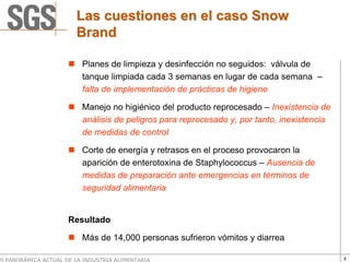 Las cuestiones en el caso Snow
                        Brand

                          Planes de limpieza y desinfección no seguidos: válvula de
                          tanque limpiada cada 3 semanas en lugar de cada semana –
                          falta de implementación de prácticas de higiene

                          Manejo no higiénico del producto reprocesado – Inexistencia de
                          análisis de peligros para reprocesado y, por tanto, inexistencia
                          de medidas de control

                          Corte de energía y retrasos en el proceso provocaron la
                          aparición de enterotoxina de Staphylococcus – Ausencia de
                          medidas de preparación ante emergencias en términos de
                          seguridad alimentaria


                      Resultado

                          Más de 14,000 personas sufrieron vómitos y diarrea

VI PANORÁMICA ACTUAL DE LA INDUSTRIA ALIMENTARIA                                             6
 