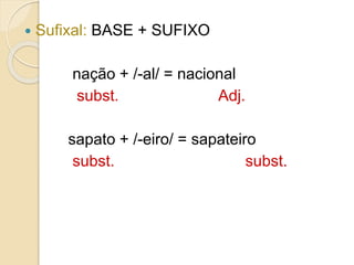  Sufixal: BASE + SUFIXO
nação + /-al/ = nacional
subst. Adj.
sapato + /-eiro/ = sapateiro
subst. subst.
 