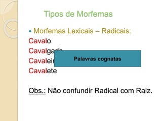 Tipos de Morfemas
 Morfemas Lexicais – Radicais:
Cavalo
Cavalgada
Cavaleiro
Cavalete
Obs.: Não confundir Radical com Raiz.
Palavras cognatas
 