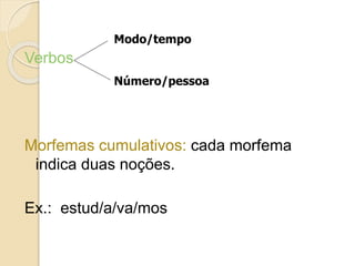Verbos
Morfemas cumulativos: cada morfema
indica duas noções.
Ex.: estud/a/va/mos
Modo/tempo
Número/pessoa
 