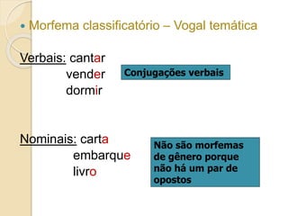  Morfema classificatório – Vogal temática
Verbais: cantar
vender
dormir
Nominais: carta
embarque
livro
Conjugações verbais
Não são morfemas
de gênero porque
não há um par de
opostos
 