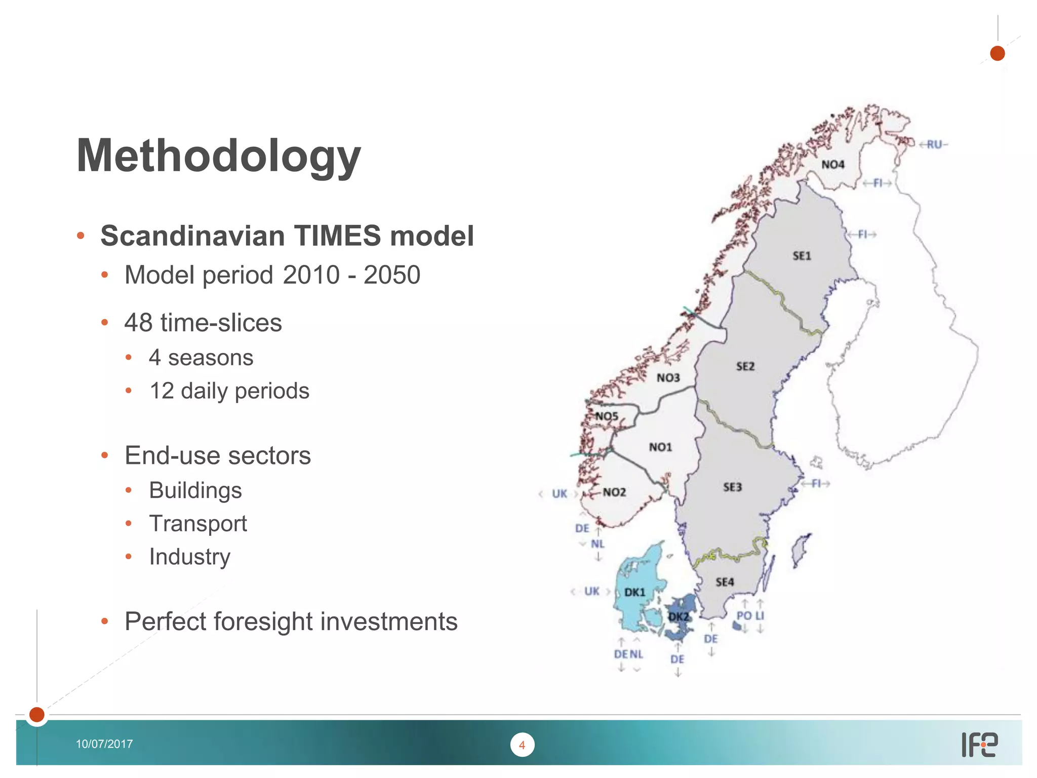 v
v
• Scandinavian TIMES model
• Model period 2010 - 2050
• 48 time-slices
• 4 seasons
• 12 daily periods
• End-use sectors
• Buildings
• Transport
• Industry
• Perfect foresight investments
10/07/2017
Methodology
4
 
