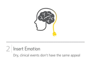 2 Insert Emotion
Dry, clinical events don’t have the same appeal
 