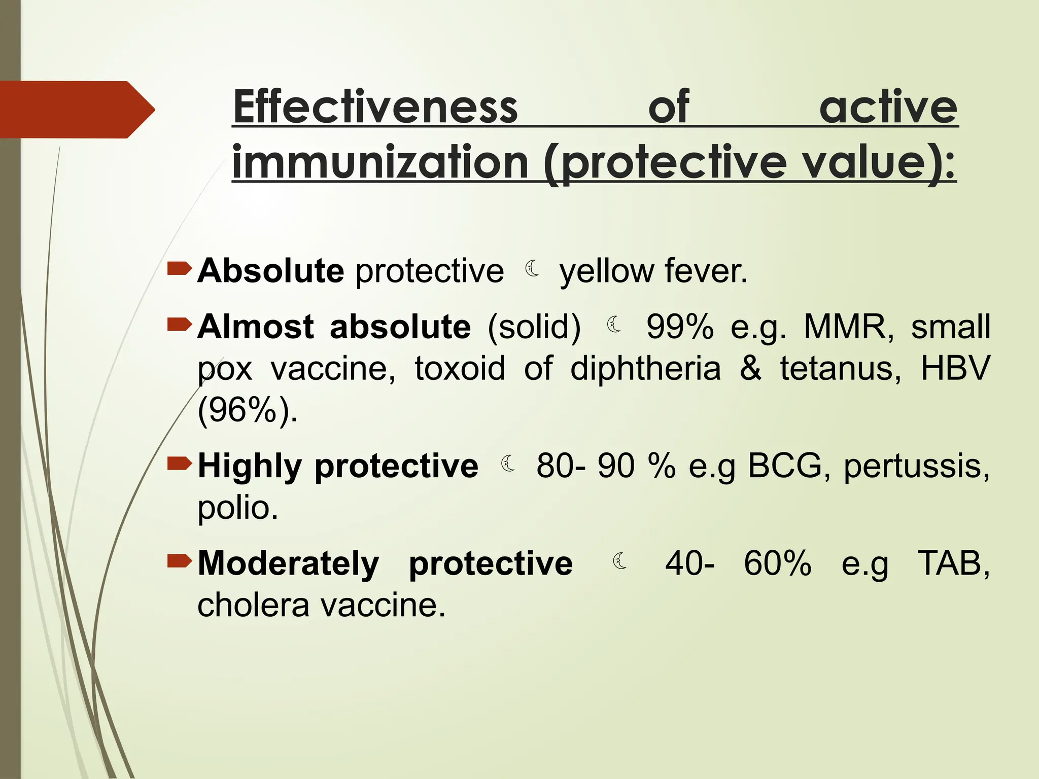 Effectiveness of active
immunization (protective value):
Absolute protective  yellow fever.
Almost absolute (solid)  99% e.g. MMR, small
pox vaccine, toxoid of diphtheria & tetanus, HBV
(96%).
Highly protective  80- 90 % e.g BCG, pertussis,
polio.
Moderately protective  40- 60% e.g TAB,
cholera vaccine.
 