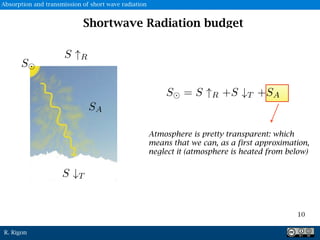 R. Rigon
Atmosphere is pretty transparent: which
means that we can, as a first approximation,
neglect it (atmosphere is heated from below)
10
S
Shortwave Radiation budget
Absorption and transmission of short wave radiation
 