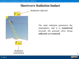 R. Rigon
Radiation
transmitted
Radiation reflected
Shortwave Radiation budget
The solar radiation penetrates the
atmosphere, and it is transferred
towards the ground, after being
reflected and scattered.
4
Absorption and transmission of short wave radiation
 