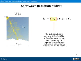 R. Rigon
We just forget for a
moment this. It will be
splitted into two parts:
one depending on
diffuse radiation and
another on cloud cover
9
S
Shortwave Radiation budget
Absorption and transmission of short wave radiation
 