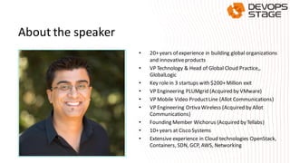About the speaker
• 20+years of experience in building global organizations
and innovativeproducts
• VP Technology & Head of Global Cloud Practice,,
GlobalLogic
• Key role in 3 startups with $200+Million exit
• VP Engineering PLUMgrid (Acquired by VMware)
• VP Mobile Video ProductLine (Allot Communications)
• VP Engineering Ortiva Wireless (Acquired by Allot
Communications)
• Founding Member Wichorus (Acquired by Tellabs)
• 10+years at Cisco Systems
• Extensive experience in Cloud technologies OpenStack,
Containers, SDN, GCP, AWS, Networking
 