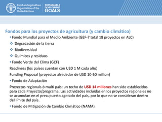 Fondo Mundial para el Medio Ambiente (GEF-7 total 18 proyectos en ALC)
 Degradación de la tierra
 Biodiversidad
 Químicos y residuos
Fondo Verde del Clima (GCF)
Readiness (los países cuentan con USD 1 M cada año)
Funding Proposal (proyectos alrededor de USD 10-50 million)
Fondo de Adaptación
Proyectos regionals ó multi país: un techo de USD 14 millones han sido establecidos
para cada Proyecto/programa. Las actividades incluidas en los proyectos regionales no
se acumulan en el presupuesto agotado del país, por lo que no se consideran dentro
del límite del país.
Fondo de Mitigación de Cambio Climático (NAMA)
Fondos para los proyectos de agricultura (y cambio climático)
 