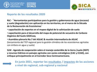 Reporte de los resultados 2020
RLC - ´Herramientas participativas para la gestión y gobernanza de agua (escasez)
y suelo (degradación) con aplicación en los territorios, en el marco de la Década
de la Restauración de Ecosistemas´
• capacitación de expertos en el mapeo digital de la salinización de suelo
• capacitación para el desarrollo del mapa de potencial de secuestro de Carbono
Orgánico del Suelo GSOCseq.
• Asamblea plenaria No.7 del ASLAC & reunión intermediaria de ASLAC
(lanzamiento del TCP regional para la gestión climática de los ecosistemas agrícolas
con énfasis en agua y suelo)
SLM - Agenda de cooperación sobre el manejo sostenible de la tierra /suelo (NDT)
y recursos hídricos en paisajes agrícolas con socios estratégicos (CAC y CCAD), con
enfoque principalmente en el Corredor Seco Centroamericano.
En junio 2021, reportar los resultados / impactos de las acciones
a nivel de regional, sub-regional y nacional
 
