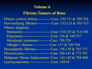 Volume 6
             Fibrous Tumors of Bone
Fibrous cortical defects------------Case 130-131 & 700-702
Non-ossifying fibroma-------------Case 132-133 & 703-713
Fibrous dysplasia
  Monostotic------------------------Case 134-135 & 714-748
  Polyostotic------------------------Case 136 & 749-757
  Mazabraud syndrome-----------Case 758-759
  Albright’s disease---------------Case 137 & 760-764
Desmoplastic fibroma-------------Case 138-139 & 765-771
Fibrosarcoma-----------------------Case 140-141 & 772-783
Malignant fibrous histiocytoma--Case 142-143 & 784-800
Leiomyosarcoma-------------------Case 144-45
 