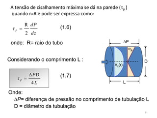 A tensão de cisalhamento máxima se dá na parede (p )
quando r=R e pode ser expressa como:
D
4
P
P
L



R
2
P
dP
dz
 
Considerando o comprimento L :
onde: R= raio do tubo
(1.6)
(1.7)
Onde:
∆P= diferença de pressão no comprimento de tubulação L
D = diâmetro da tubulação
L
D
∆P
σp
Vz(r)
11
 