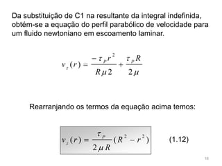 Da substituição de C1 na resultante da integral indefinida,
obtém-se a equação do perfil parabólico de velocidade para
um fluido newtoniano em escoamento laminar.
2 2
( ) ( )
2
P
z
v r R r
R


  (1.12)




22
)(
2
R
R
r
rv PP
z



Rearranjando os termos da equação acima temos:
16
 