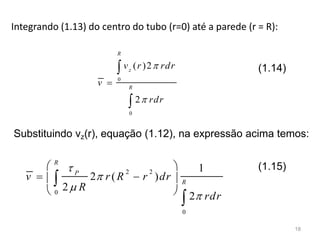 Integrando (1.13) do centro do tubo (r=0) até a parede (r = R):
0
0
( )2
2
R
z
R
v r rdr
v
rdr





2 2
0
0
1
2 ( )
2
2
R
P
R
v r R r dr
R
rdr




 
  
 


Substituindo vz(r), equação (1.12), na expressão acima temos:
(1.14)
(1.15)
18
 