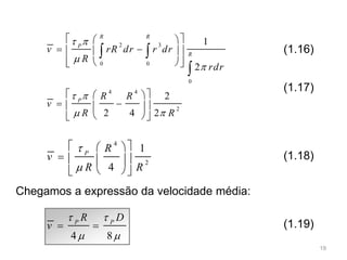 2 3
0 0
0
1
2
R R
P
R
v rR dr r dr
R
rdr
 


  
   
   
 

4 4
2
2
2 4 2
P
R R
v
R R
 
 
  
   
  
4
2
1
4
P
R
v
R R


  
   
  
4 8
P P
R D
v
 
 
 
(1.16)
(1.18)
(1.17)
(1.19)
Chegamos a expressão da velocidade média:
19
 