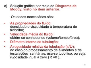 c) Solução gráfica por meio do Diagrama de
Moody, visto no item anterior.
Os dados necessários são:
• As propriedades do fluido:
densidade e viscosidade à temperatura de
trabalho;
• Velocidade média do fluido:
obtém-se conhecendo (volume/tempo/área);
• Diâmetro interno da tubulação;
• A rugosidade relativa da tubulação (/D);
no caso do processamento de alimentos e de
instalações sanitárias, usa-se tubo liso, ou seja,
rugosidade igual a zero ( ε =0 ).
29
 