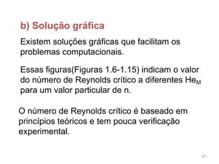 b) Solução gráfica
Existem soluções gráficas que facilitam os
problemas computacionais.
Essas figuras(Figuras 1.6-1.15) indicam o valor
do número de Reynolds crítico a diferentes HeM
para um valor particular de n.
O número de Reynolds crítico é baseado em
princípios teóricos e tem pouca verificação
experimental.
47
 