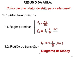 60
Como calcular o fator de atrito para cada caso?
RESUMO DA AULA:
1. Fluidos Newtonianos
1.1. Regime laminar
fF = -----
16
Re
Êf = fF ---- -----
L 2v2
D
1.2. Região de transição
fF = f(---- , )ε
D
Re
Diagrama de Moody
 