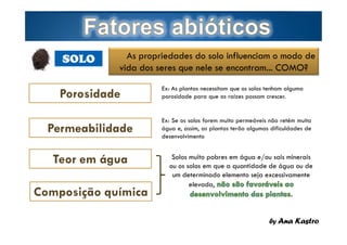 SOLO

As propriedades do solo influenciam o modo de
vida dos seres que nele se encontram... COMO?

Porosidade
Permeabilidade
Teor em água
Composição química
Page  14

Ex: As plantas necessitam que os solos tenham alguma
porosidade para que as raízes possam crescer.
Ex: Se os solos forem muito permeáveis não retém muita
água e, assim, as plantas terão algumas dificuldades de
desenvolvimento

Solos muito pobres em água e/ou sais minerais
ou os solos em que a quantidade de água ou de
um determinado elemento seja excessivamente
elevada,

.
by Ana Kastro

 