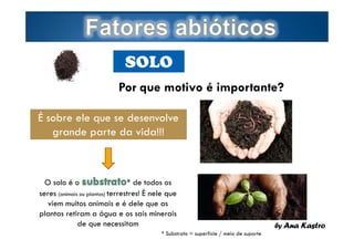 SOLO
Por que motivo é importante?
É sobre ele que se desenvolve
grande parte da vida!!!

O solo é o
* de todos os
seres (animais ou plantas) terrestres! É nele que
viem muitos animais e é dele que as
plantas retiram a água e os sais minerais
de que necessitam
Page  6
* Substrato = superfície / meio de suporte

by Ana Kastro

 