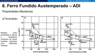 Prof. Gabriel de Castro Coêlho MATERIAIS DE CONSTRUÇÃO MECÂNICA II
Propriedades Mecânicas
❑ Tenacidade;
113
6. Ferro Fundido Austemperado – ADI
Relação entre
tenacidade à fratura
e resistência
mecânica de ferros
fundidos nodulares
com diferentes
matrizes.
 