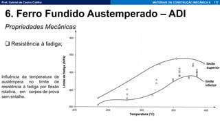 Prof. Gabriel de Castro Coêlho MATERIAIS DE CONSTRUÇÃO MECÂNICA II
Propriedades Mecânicas
❑ Resistência à fadiga;
117
6. Ferro Fundido Austemperado – ADI
Influência da temperatura de
austêmpera no limite de
resistência à fadiga por flexão
rotativa, em corpos-de-prova
sem entalhe.
 