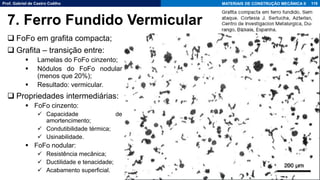 Prof. Gabriel de Castro Coêlho MATERIAIS DE CONSTRUÇÃO MECÂNICA II
❑ FoFo em grafita compacta;
❑ Grafita – transição entre:
▪ Lamelas do FoFo cinzento;
▪ Nódulos do FoFo nodular
(menos que 20%);
▪ Resultado: vermicular.
❑ Propriedades intermediárias:
▪ FoFo cinzento:
✓ Capacidade de
amortencimento;
✓ Condutibilidade térmica;
✓ Usinabilidade.
▪ FoFo nodular:
✓ Resistência mecânica;
✓ Ductilidade e tenacidade;
✓ Acabamento superficial.
119
7. Ferro Fundido Vermicular
 