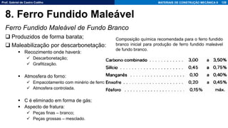 Prof. Gabriel de Castro Coêlho MATERIAIS DE CONSTRUÇÃO MECÂNICA II
Ferro Fundido Maleável de Fundo Branco
❑ Produzidos de forma barata;
❑ Maleabilização por descarbonetação:
▪ Recozimento onde haverá:
✓ Descarbonetação;
✓ Grafitização.
▪ Atmosfera do forno:
✓ Empacotamento com minério de ferro;
✓ Atmosfera controlada.
▪ C é eliminado em forma de gás;
▪ Aspecto de fratura:
✓ Peças finas – branco;
✓ Peças grossas – mesclado.
128
8. Ferro Fundido Maleável
Composição química recomendada para o ferro fundido
branco inicial para produção de ferro fundido maleável
de fundo branco.
 