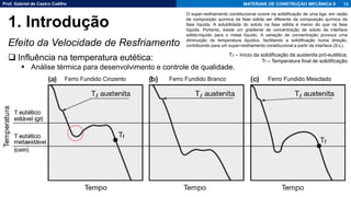 Prof. Gabriel de Castro Coêlho MATERIAIS DE CONSTRUÇÃO MECÂNICA II
Efeito da Velocidade de Resfriamento
13
1. Introdução
❑ Influência na temperatura eutética:
▪ Análise térmica para desenvolvimento e controle de qualidade.
O super-resfriamento constitucional ocorre na solidificação de uma liga, em razão
da composição química da fase sólida ser diferente da composição química da
fase líquida. A solubilidade do soluto na fase sólida é menor do que na fase
líquida. Portanto, existe um gradiente de concentração de soluto da interface
sólido-líquido para o metal líquido. A variação de concentração provoca uma
diminuição da temperatura liquidus, facilitando a solidificação numa direção,
contribuindo para um super-resfriamento constitucional a partir da interface (S-L).
Ferro Fundido Cinzento Ferro Fundido Branco Ferro Fundido Mesclado
Tℓ – Início da solidificação da austenita pró-eutética;
Tf – Temperatura final de solidificação
 