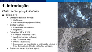 Prof. Gabriel de Castro Coêlho MATERIAIS DE CONSTRUÇÃO MECÂNICA II
Efeito da Composição Química
❑ Fósforo (P):
▪ Em teores baixos e médios:
✓ Grafitizante;
✓ Não desempenha papel importante;
▪ Em teores altos:
✓ Estabilizador da cementita;
✓ Fragilizante.
▪ Esteadita - %P > 0,15%:
✓ Composto eutético de Fe e C;
✓ Aparência branca e perfurada;
✓ Nos CG – duro e frágil;
✓ Diminui a ductilidade;
✓ Dependendo da quantidade e distribuição, diminui o
limite de resistência à tração e dificulta a usinagem.
▪ Aumenta a fluidez do metal líquido.
18
1. Introdução
 