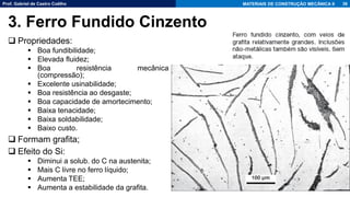 Prof. Gabriel de Castro Coêlho MATERIAIS DE CONSTRUÇÃO MECÂNICA II
❑ Propriedades:
▪ Boa fundibilidade;
▪ Elevada fluidez;
▪ Boa resistência mecânica
(compressão);
▪ Excelente usinabilidade;
▪ Boa resistência ao desgaste;
▪ Boa capacidade de amortecimento;
▪ Baixa tenacidade;
▪ Baixa soldabilidade;
▪ Baixo custo.
❑ Formam grafita;
❑ Efeito do Si:
▪ Diminui a solub. do C na austenita;
▪ Mais C livre no ferro líquido;
▪ Aumenta TEE;
▪ Aumenta a estabilidade da grafita.
36
3. Ferro Fundido Cinzento
 
